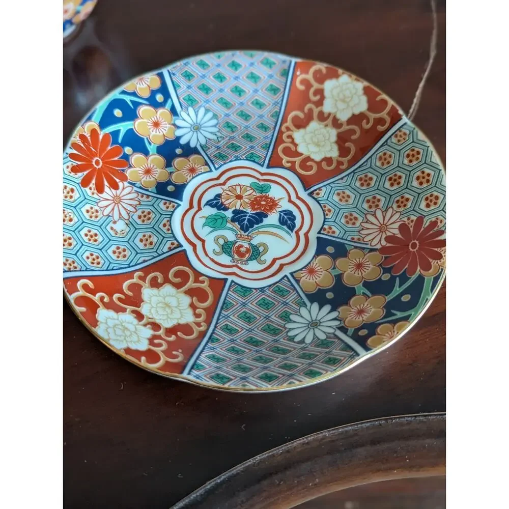 Vtg Arita Imari Teacup Saucer Set Japan Porcelain Fan Shape Kutani